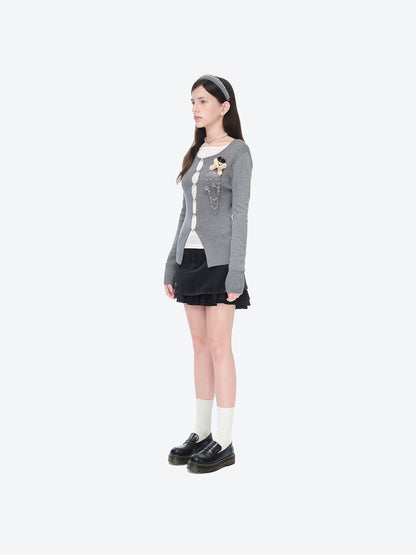 13DE MARZO Sparkle Pearl Chain  Cardigan Dark Grey - 13DE MARZO