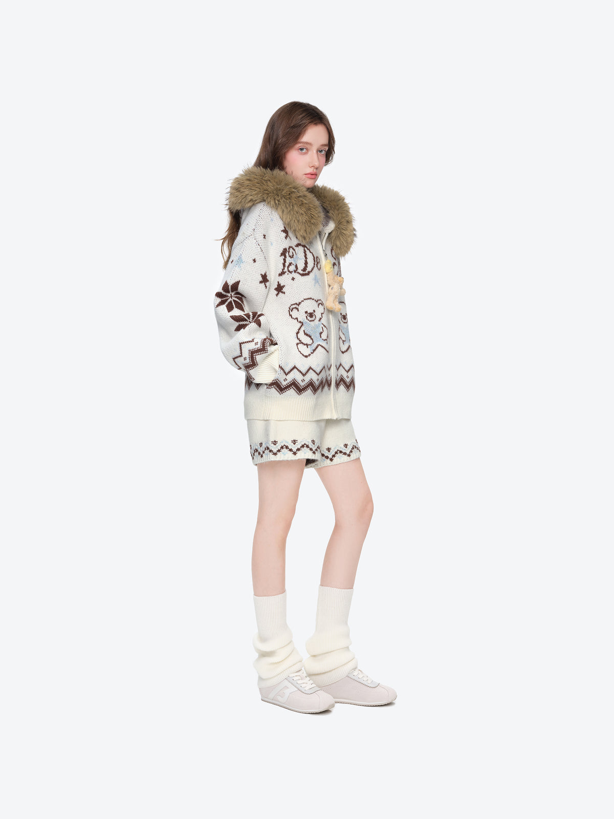 13DE MARZO Fair Isle Collar Zip Hoodie Beige - 13DE MARZO