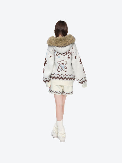 13DE MARZO Fair Isle Collar Zip Hoodie Beige - 13DE MARZO