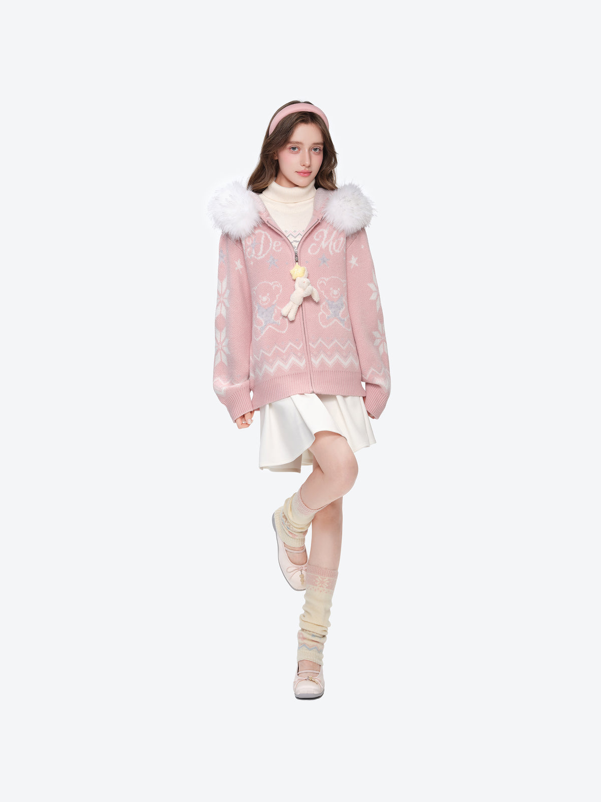 13DE MARZO Fair Isle Collar Zip Hoodie Pink - 13DE MARZO