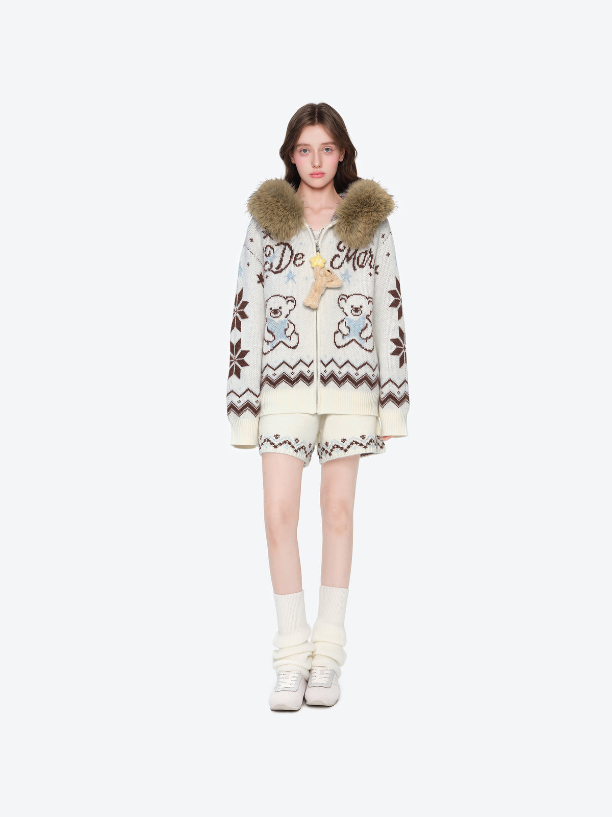 13DE MARZO Fair Isle Collar Zip Hoodie Beige - 13DE MARZO