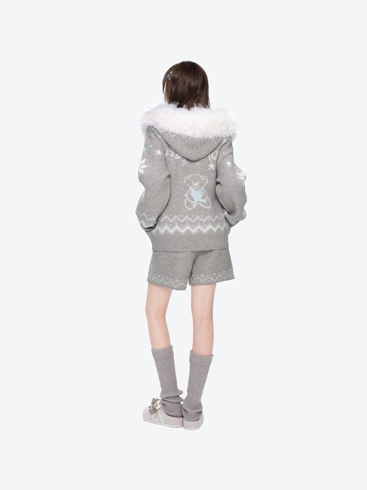 13DE MARZO Fair Isle Collar Zip Hoodie Grey - 13DE MARZO