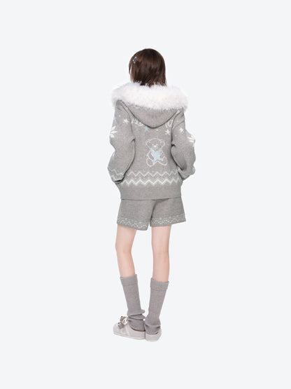 13DE MARZO Fair Isle Collar Zip Hoodie Grey - 13DE MARZO