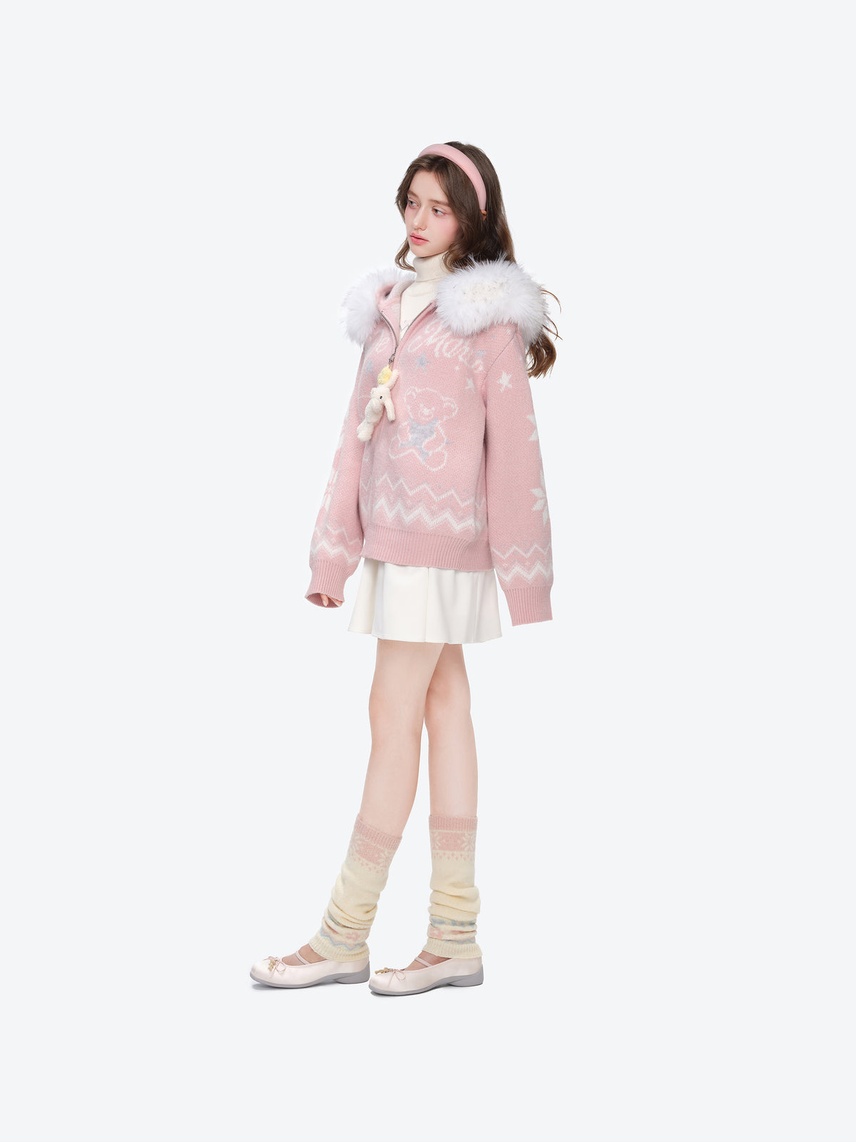 13DE MARZO Fair Isle Collar Zip Hoodie Pink - 13DE MARZO