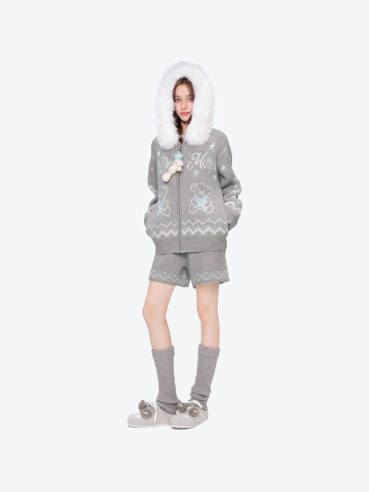 13DE MARZO Fair Isle Collar Zip Hoodie Grey - 13DE MARZO