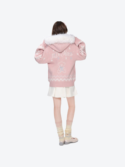 13DE MARZO Fair Isle Collar Zip Hoodie Pink - 13DE MARZO