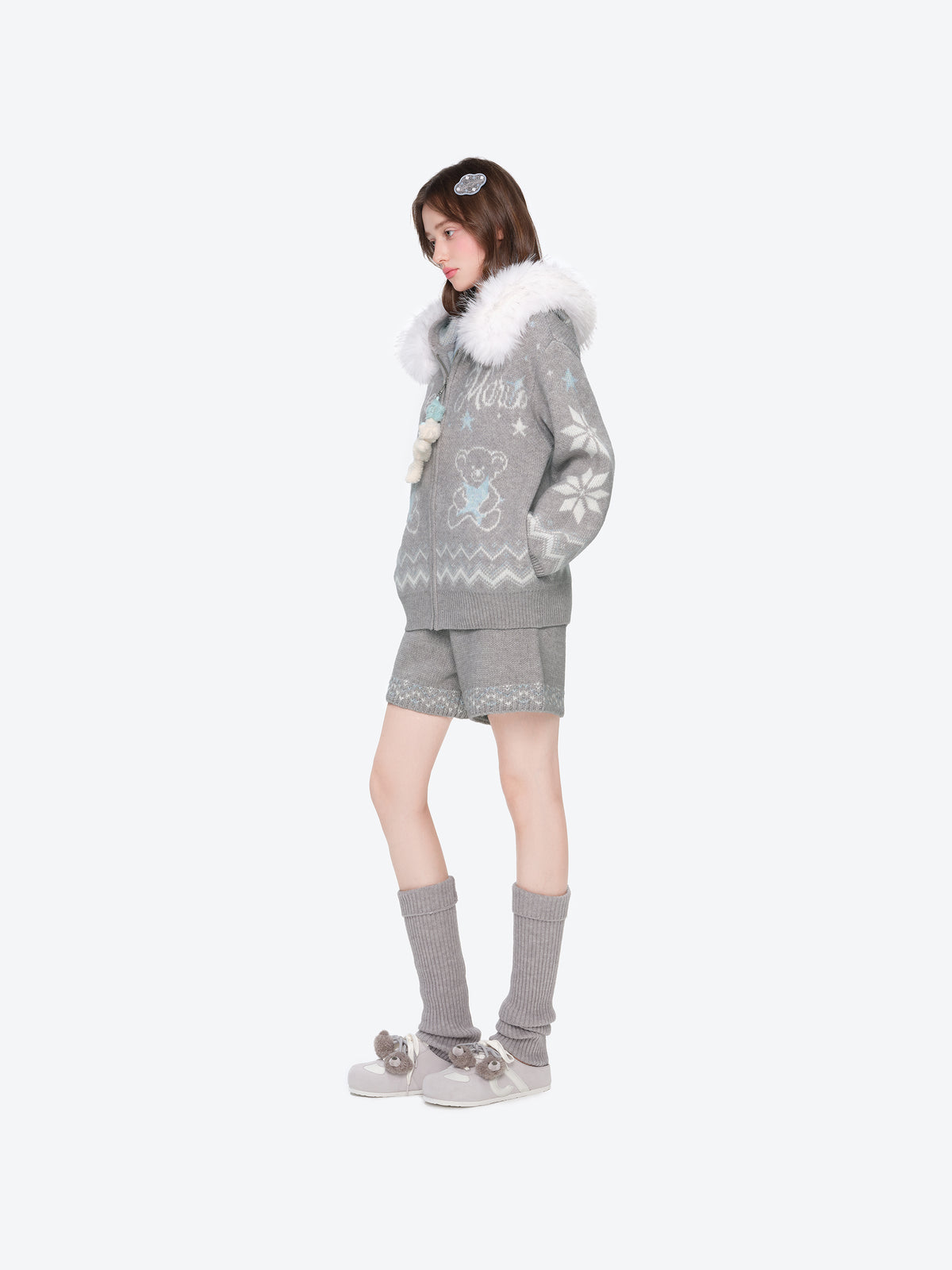 13DE MARZO Fair Isle Collar Zip Hoodie Grey - 13DE MARZO