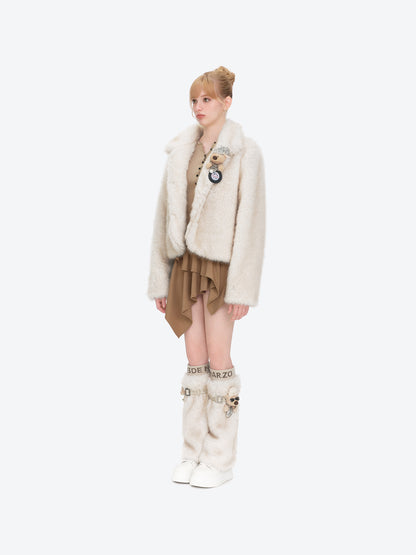 13DE MARZO Rolling Stones Cropped Faux Fur Jacket Beige