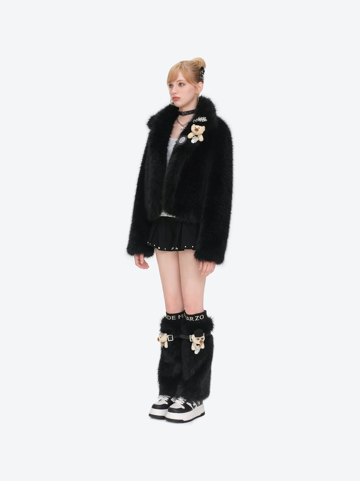 13DE MARZO Rolling Stones Cropped Faux Fur Jacket Black