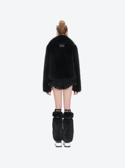 13DE MARZO Rolling Stones Cropped Faux Fur Jacket Black