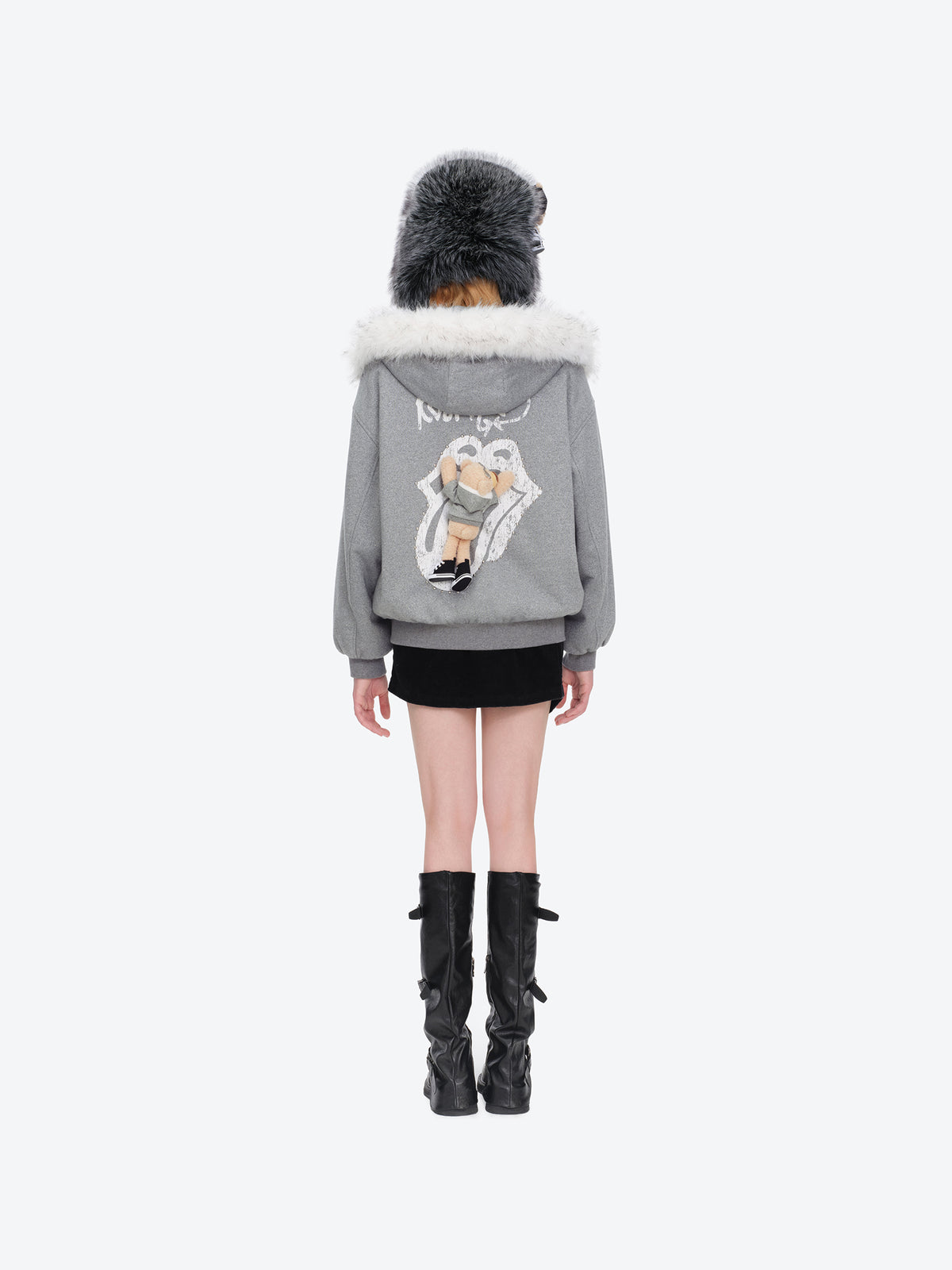 13DE MARZO Rolling Stones Plush Earflap Hat Black