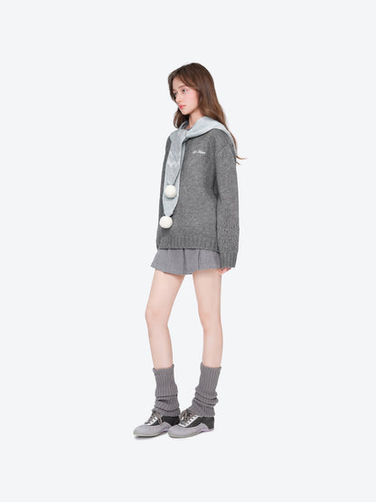 13DE MARZO Fair lsle Hooded Cape Pullover Sweater Grey