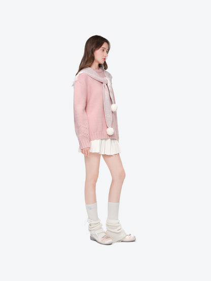 13DE MARZO Fair lsle Hooded Cape Pullover Sweater Pink