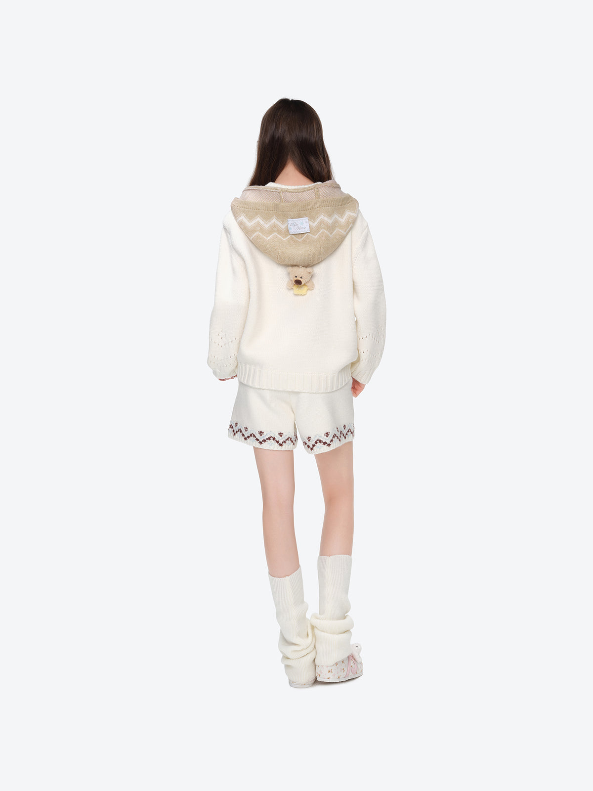 13DE MARZO Fair lsle Hooded Cape Pullover Sweater White
