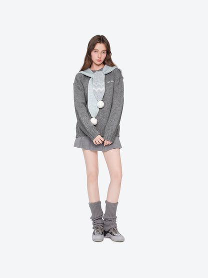 13DE MARZO Fair lsle Hooded Cape Pullover Sweater Grey