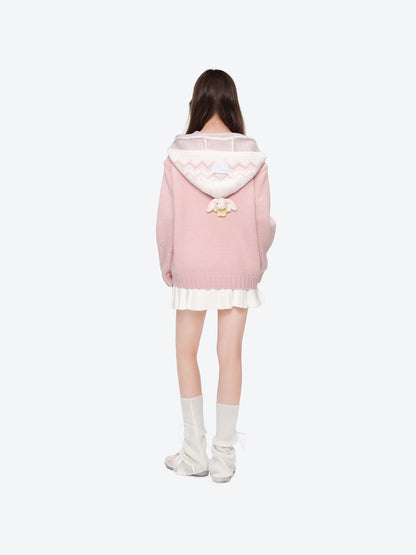 13DE MARZO Fair lsle Hooded Cape Pullover Sweater Pink