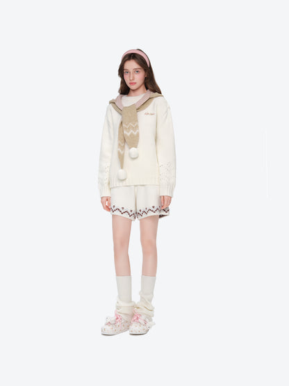 13DE MARZO Fair lsle Hooded Cape Pullover Sweater White