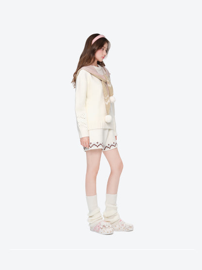 13DE MARZO Fair lsle Hooded Cape Pullover Sweater White