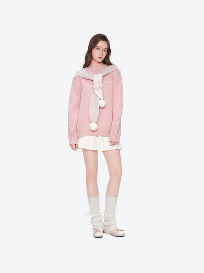 13DE MARZO Fair lsle Hooded Cape Pullover Sweater Pink