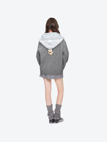 13DE MARZO Fair lsle Hooded Cape Pullover Sweater Grey