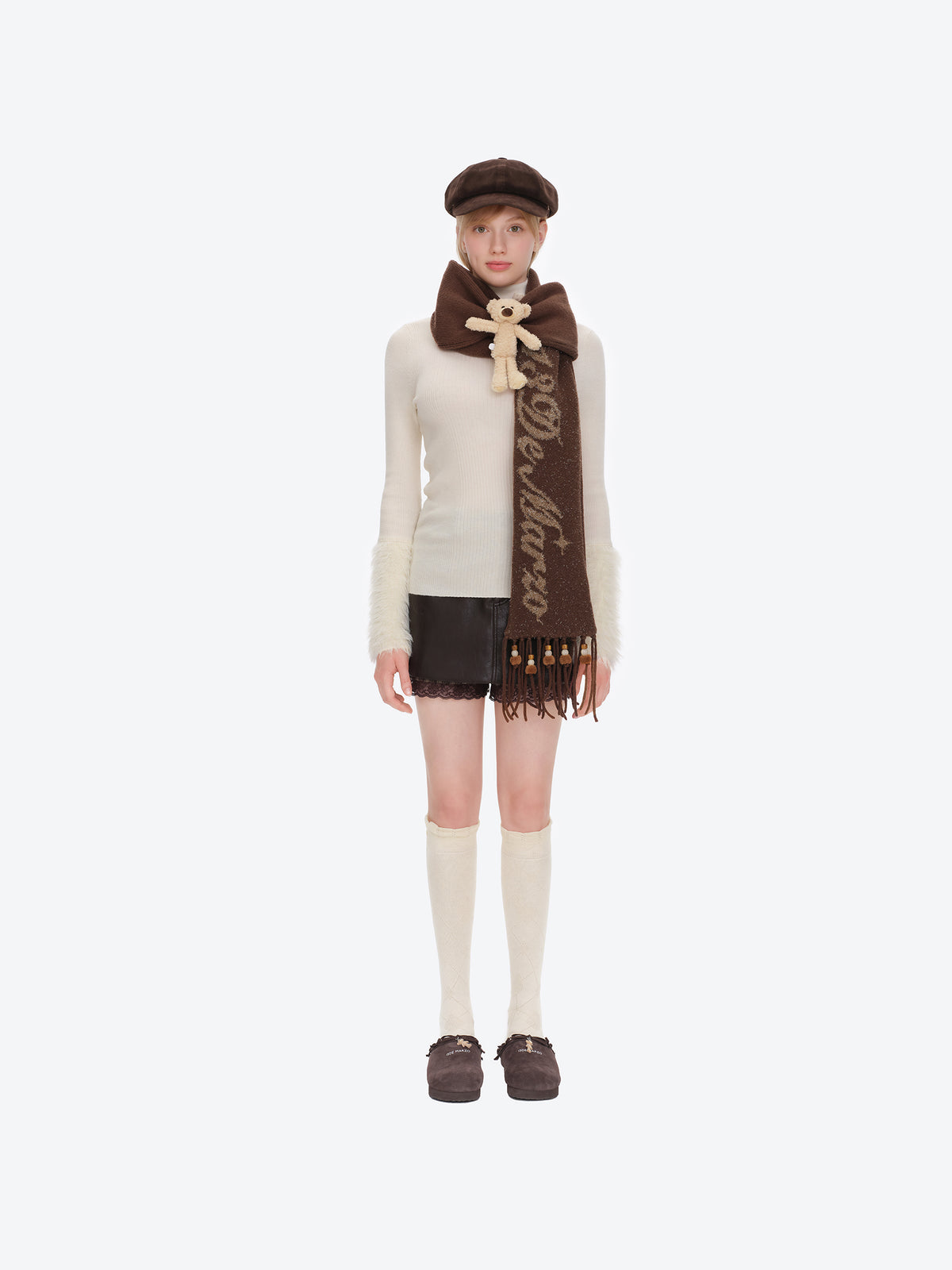 13DE MARZO Doozoo Bow Tassel Beaded Scarf Brown