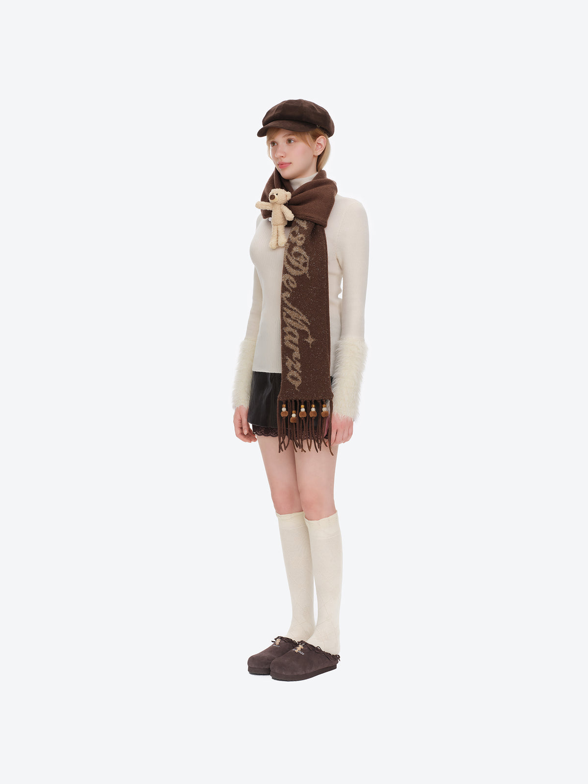 13DE MARZO Doozoo Bow Tassel Beaded Scarf Brown