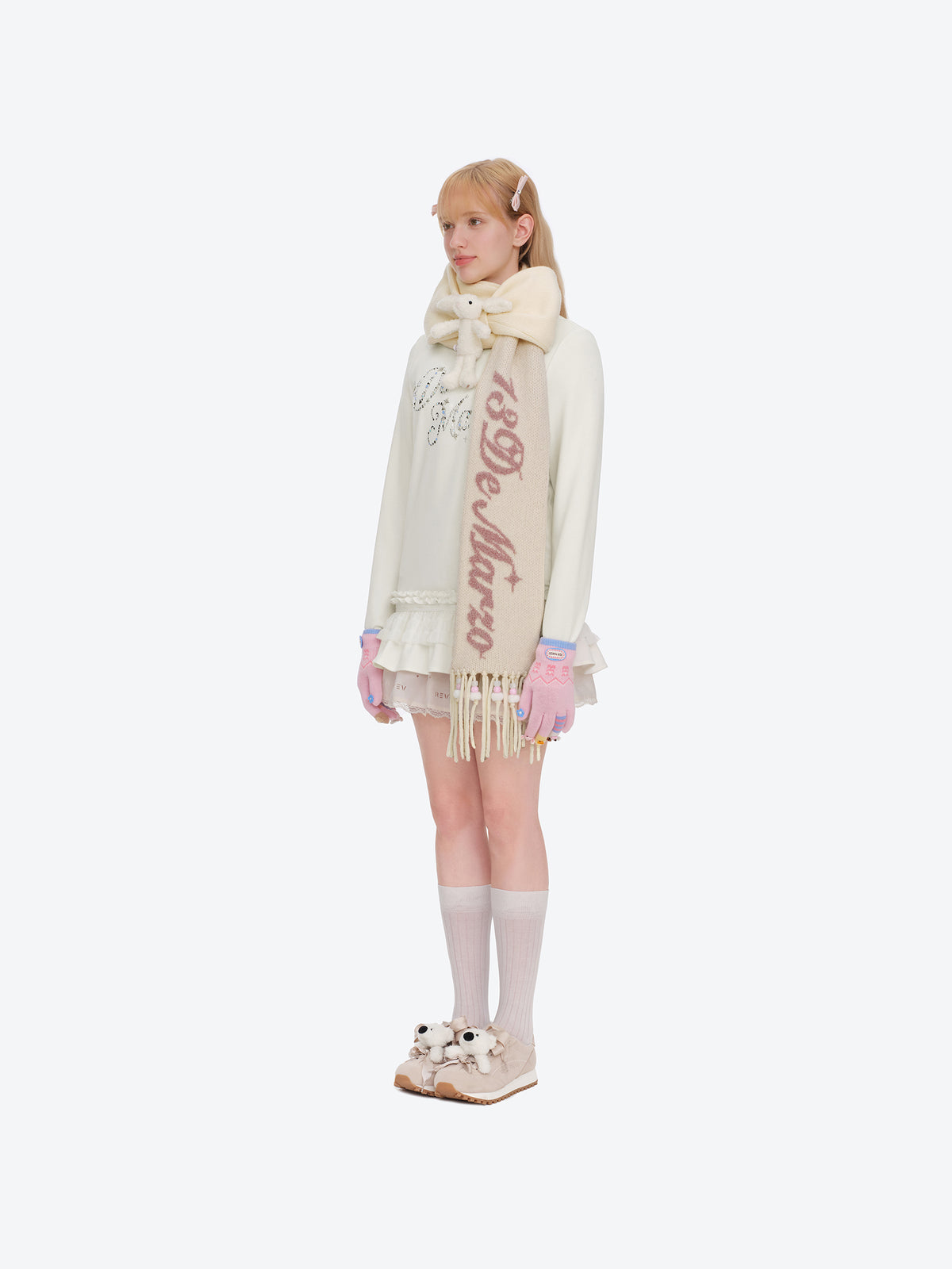 13DE MARZO Doozoo Bow Tassel Beaded Scarf Beige