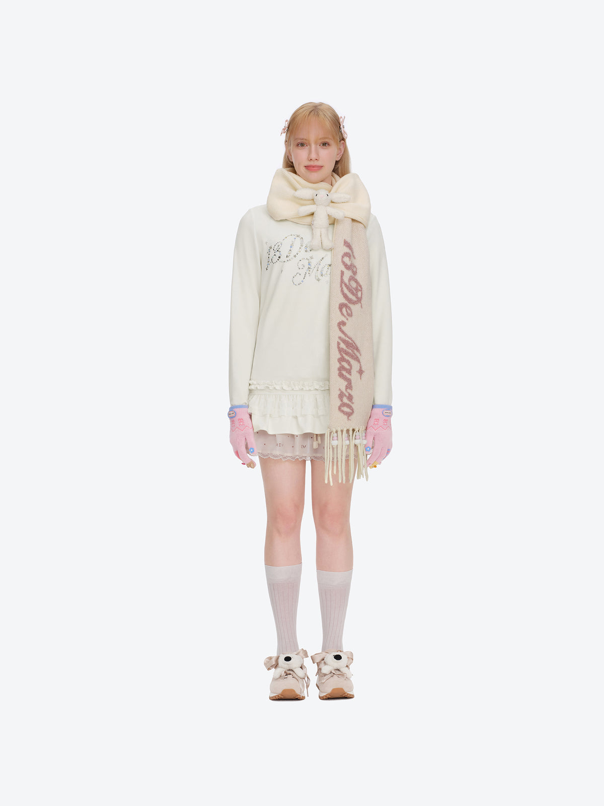 13DE MARZO Doozoo Bow Tassel Beaded Scarf Beige