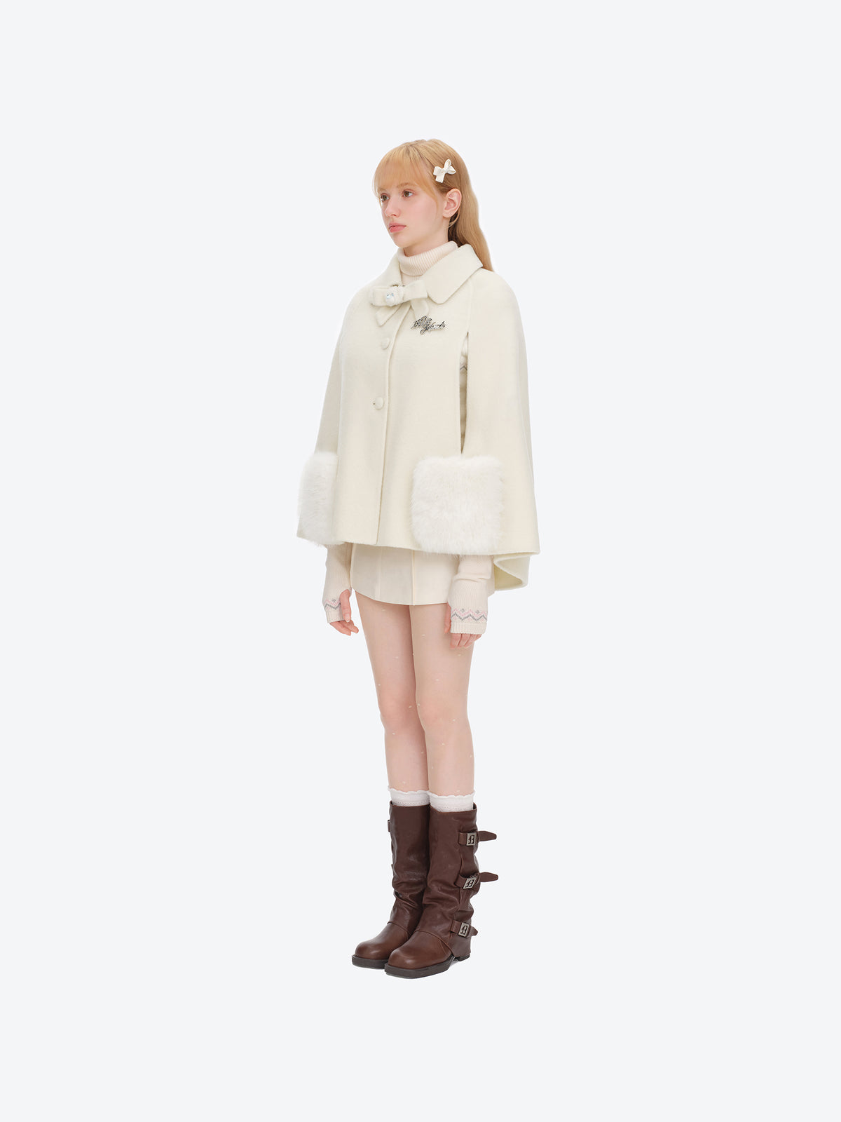 13DE MARZO Bow Bear Wool Cape Coat Beige