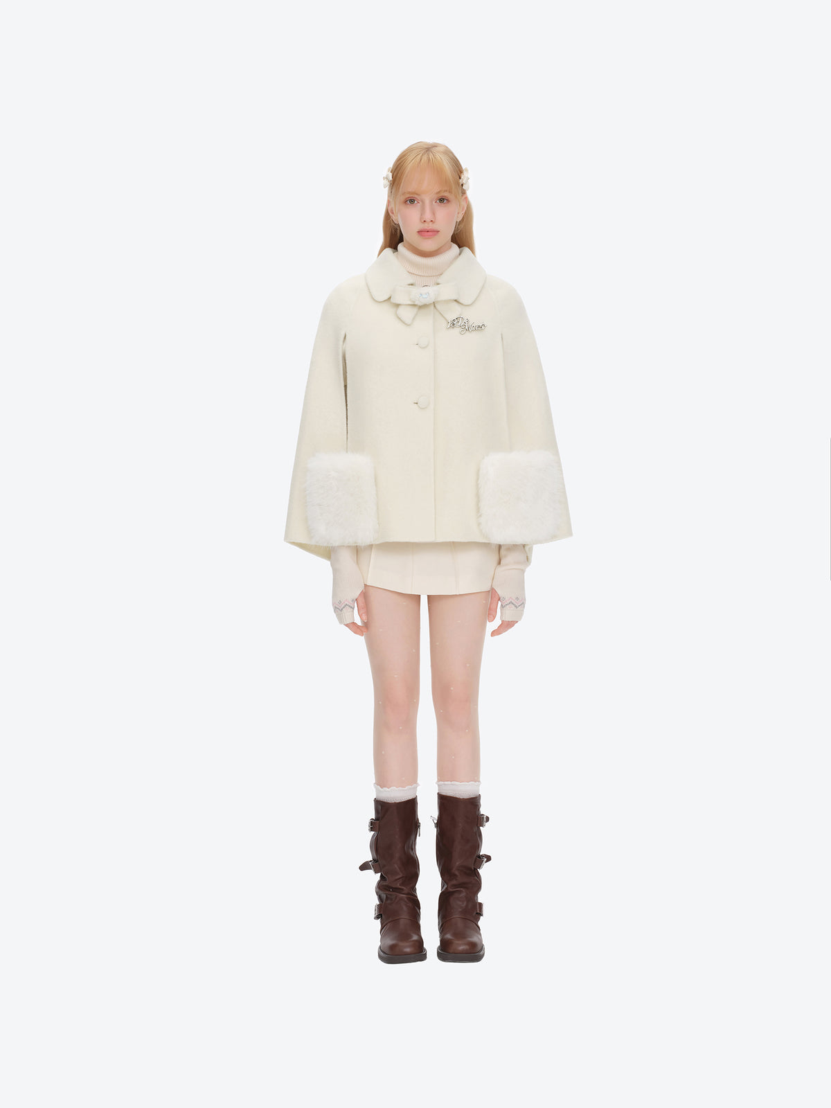 13DE MARZO Bow Bear Wool Cape Coat Beige