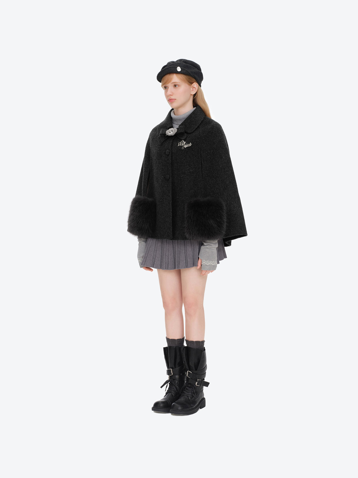 13DE MARZO Bow Bear Wool Cape Coat Dark Grey
