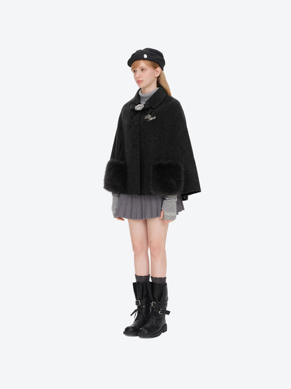 13DE MARZO Bow Bear Wool Cape Coat Dark Grey
