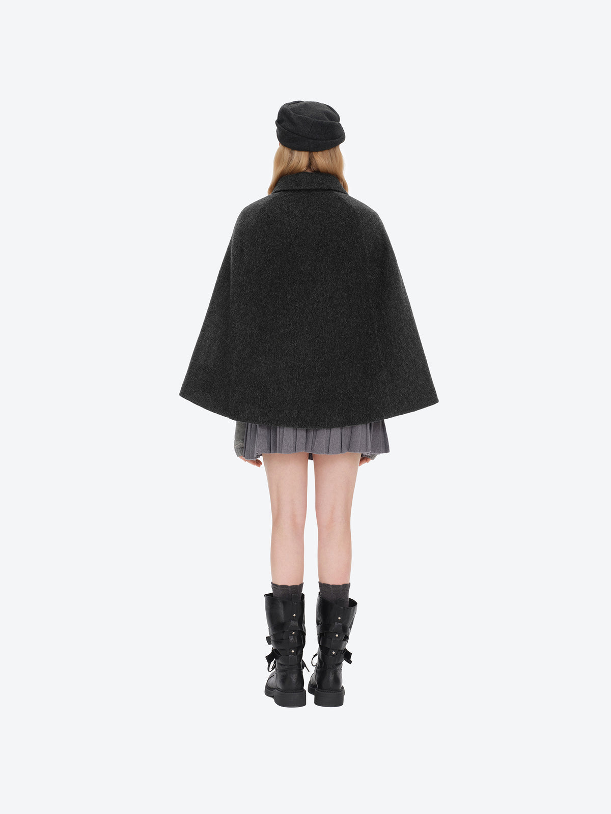 13DE MARZO Bow Bear Wool Cape Coat Dark Grey