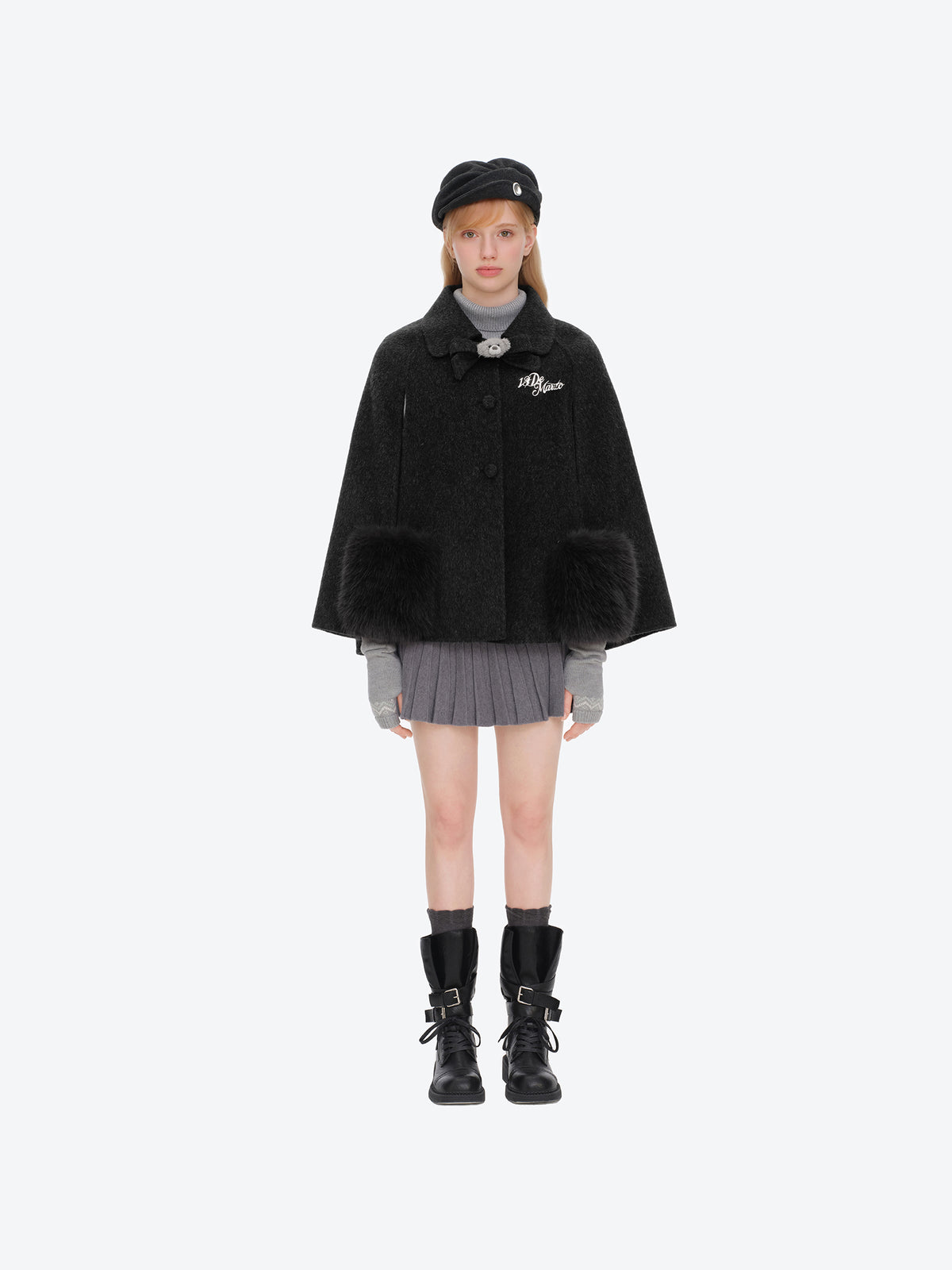13DE MARZO Bow Bear Wool Cape Coat Dark Grey