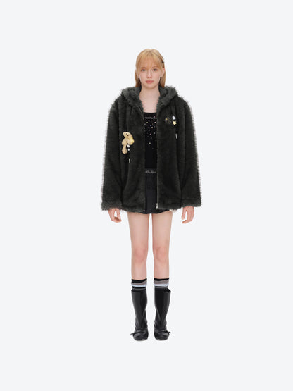 13DE MARZO Luminous Bear Furry Coat Dark Grey - 13DE MARZO