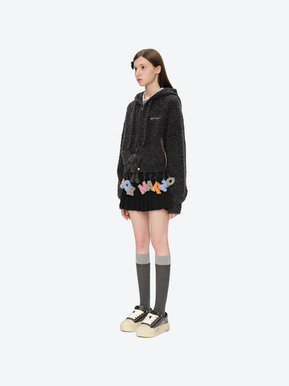13DE MARZO Colorful Dot Knit Letter Fringe Cardigan Grey
