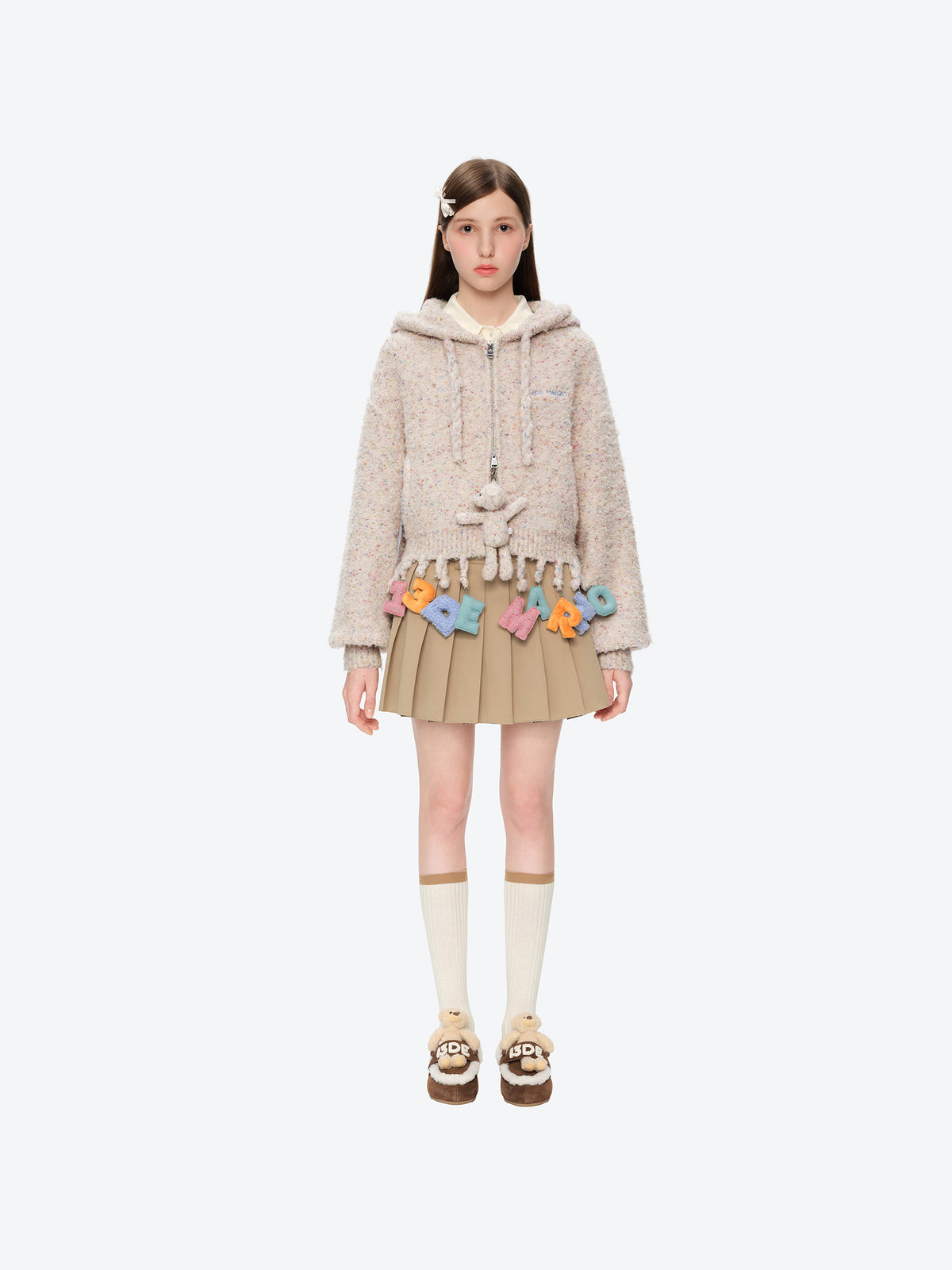13DE MARZO Colorful Dot Knit Letter Fringe Cardigan Beige