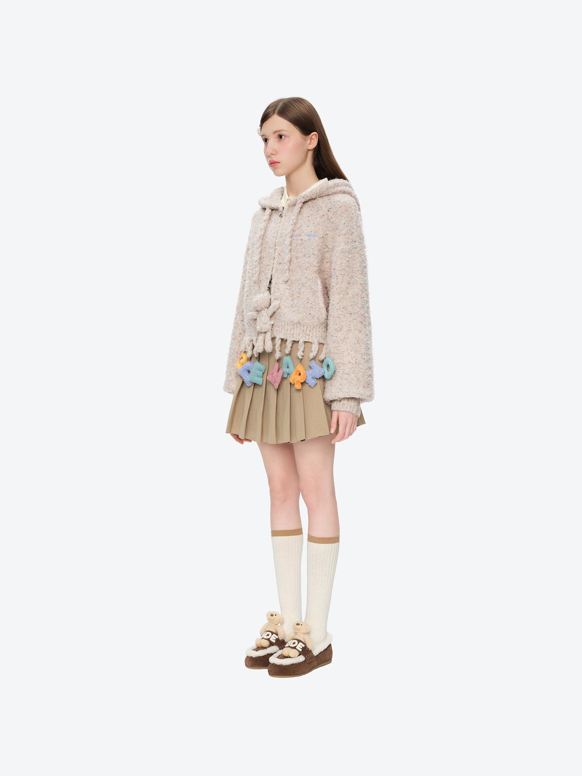 13DE MARZO Colorful Dot Knit Letter Fringe Cardigan Beige
