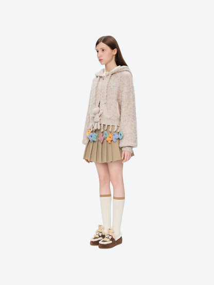 13DE MARZO Colorful Dot Knit Letter Fringe Cardigan Beige
