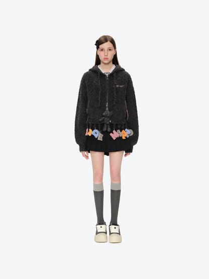 13DE MARZO Colorful Dot Knit Letter Fringe Cardigan Grey