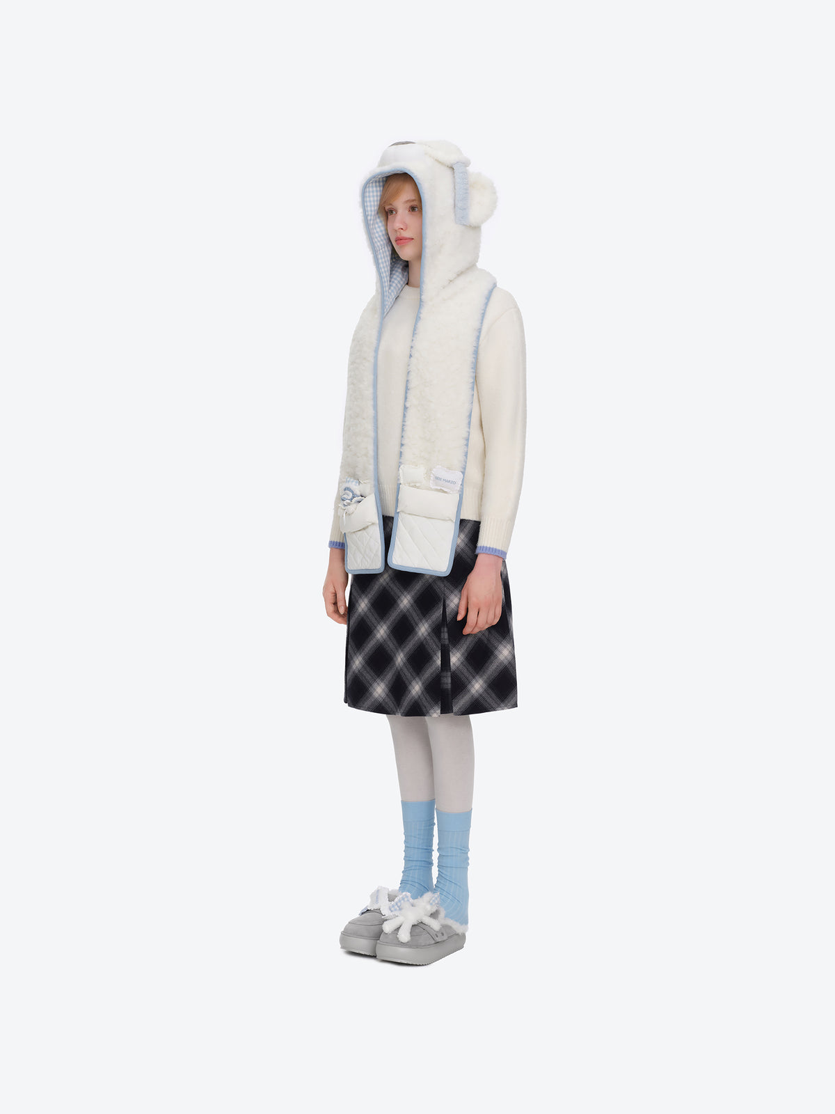 13DE MARZO Nighty Night Bear Hooded Scarf White