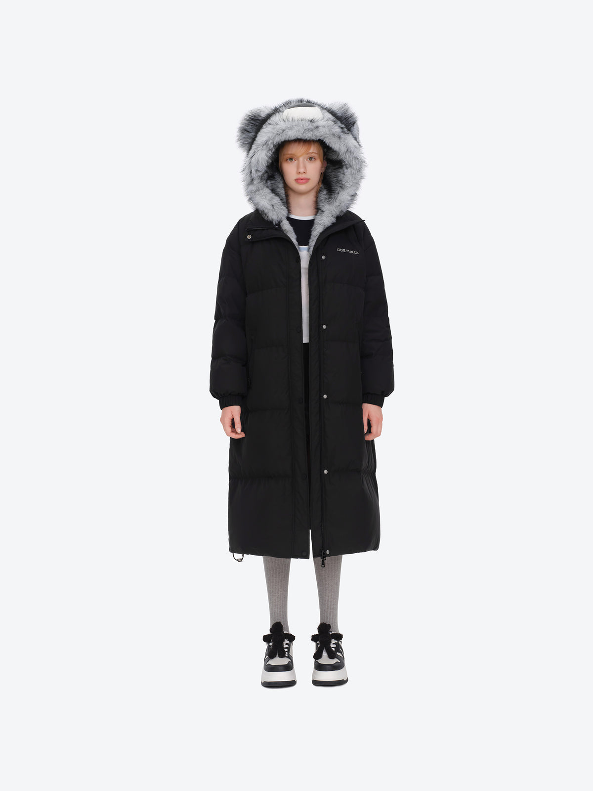 13DE MARZO Bear Hooded Long Down Coat Black