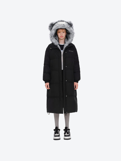 13DE MARZO Bear Hooded Long Down Coat Black