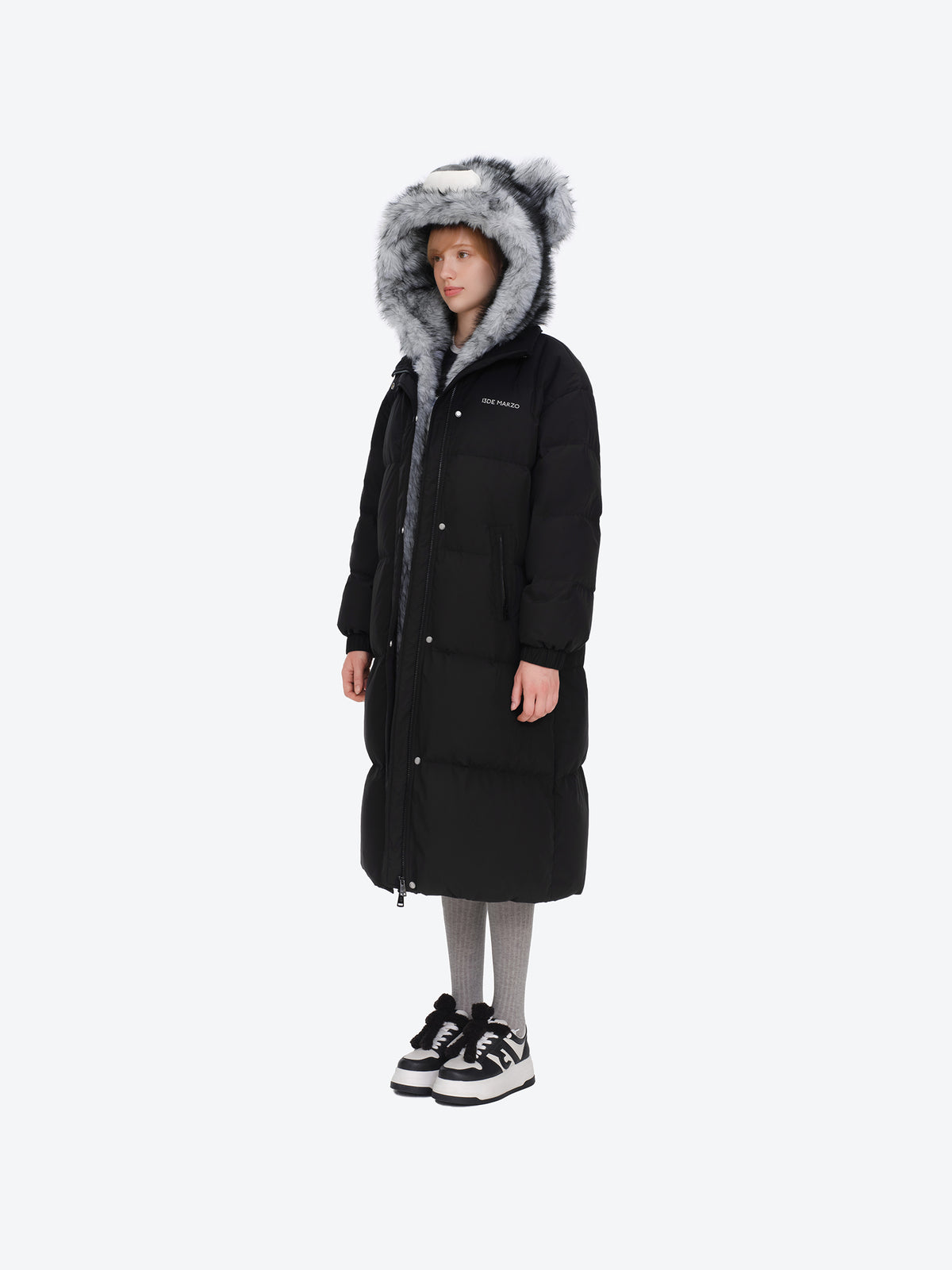 13DE MARZO Bear Hooded Long Down Coat Black