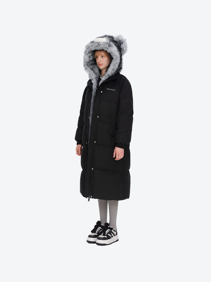 13DE MARZO Bear Hooded Long Down Coat Black