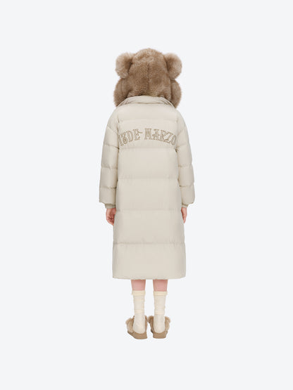 13DE MARZO Bear Hooded Long Down Coat Almond