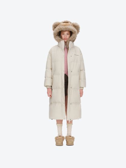 13DE MARZO Bear Hooded Long Down Coat Almond