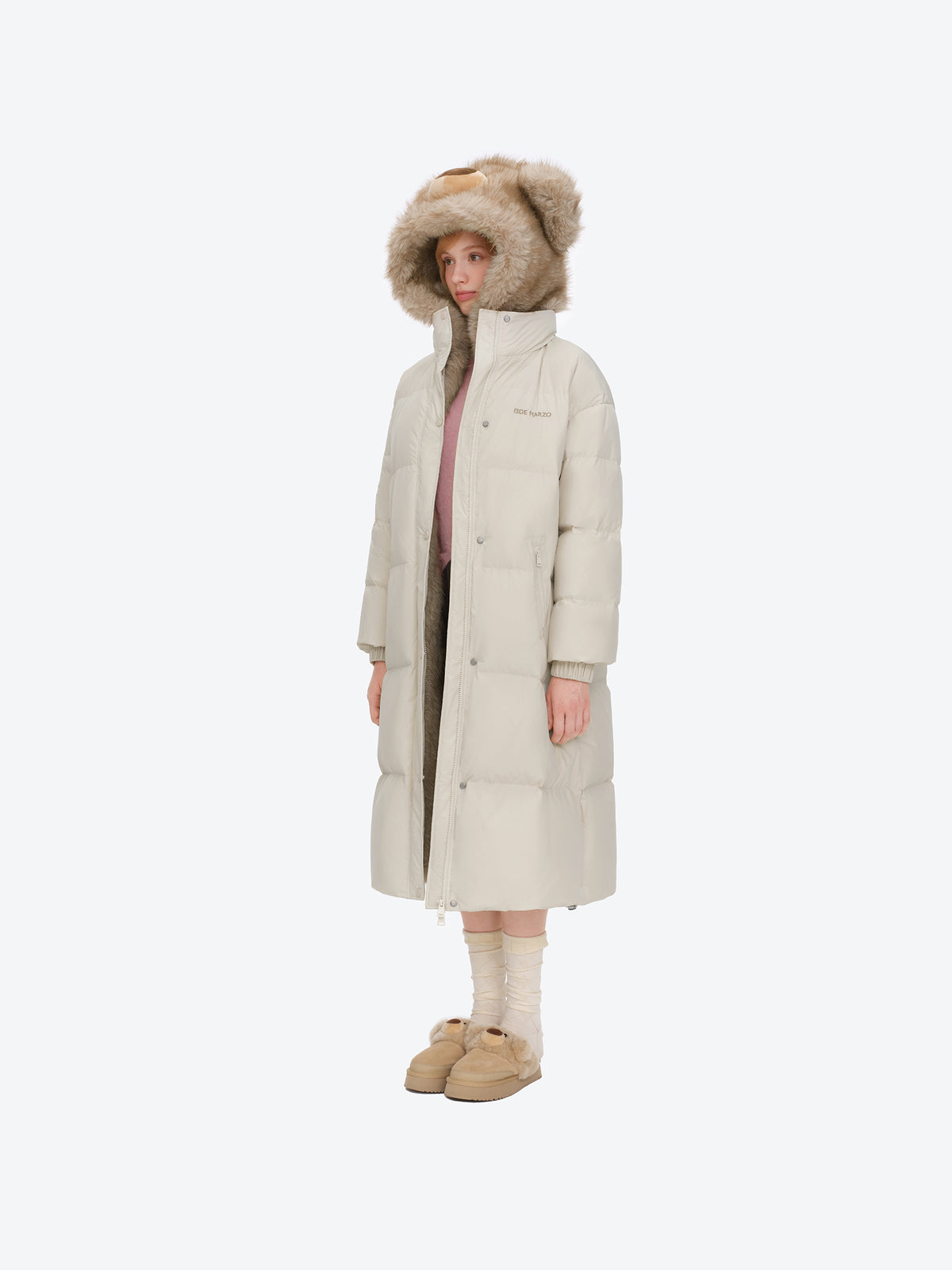 13DE MARZO Bear Hooded Long Down Coat Almond