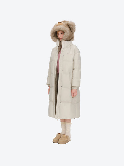 13DE MARZO Bear Hooded Long Down Coat Almond