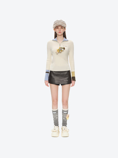 13DE MARZO Snow Bear Asymmetric Cuff Top Beige